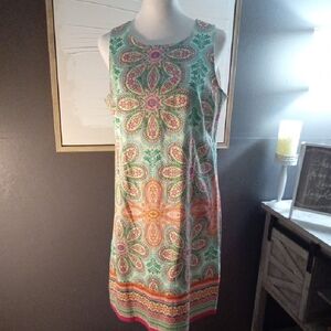 London Times Mint Paisley Sleeveless Shift Dress with Pink and Orange Accents